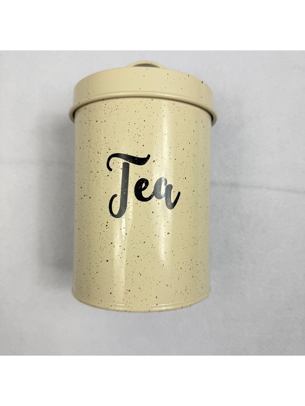 Farmhouse Cream Speckled Metal Tea Canister Cottagecore Kitchen Storage Tin